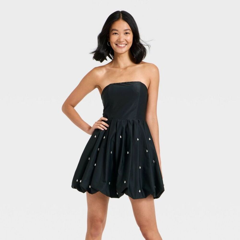 Women's Embellished Bubble Mini Dress - A New Day Black L